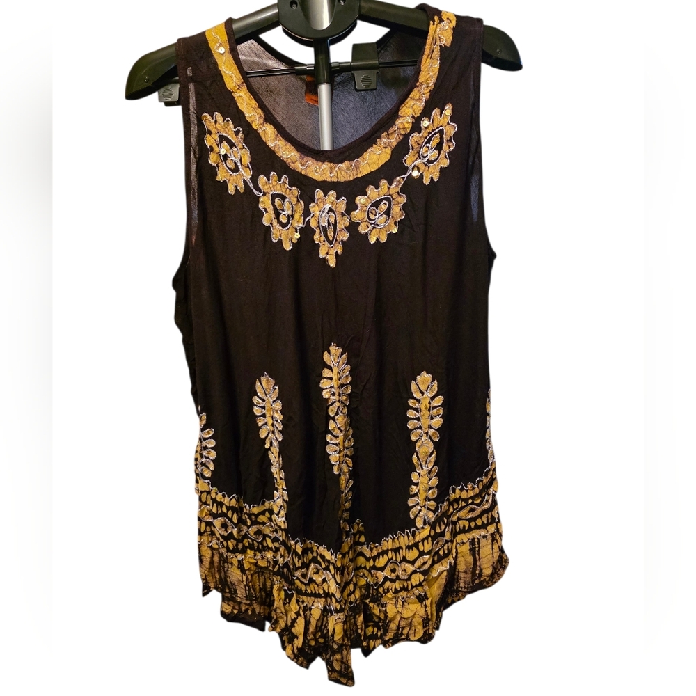 California Woman Boho Embroidered Tank Top Free Size Purple Gold Flowy Festival